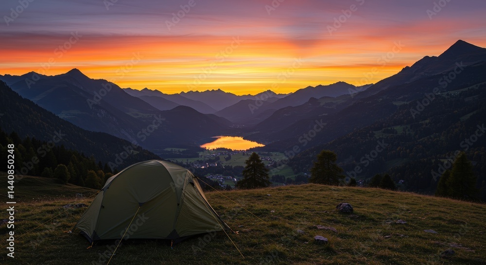 Tent pitched overlooking mountain lake sunset Tent pitched overlooking mountain lake sunset