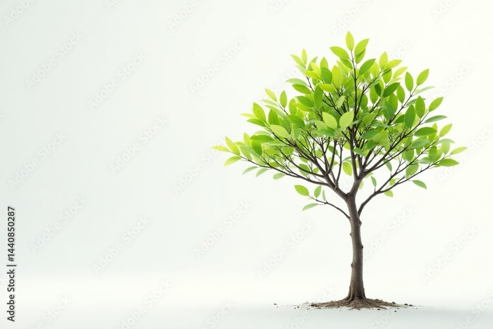 Obraz premium Single young tree, delicate leaves, white backdrop, picture, branch
