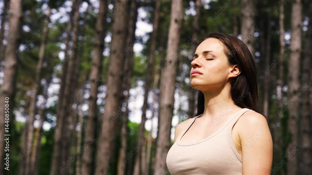 Young woman practicing breathing exercises in a wooded area surrounded by trees Young woman practicing breathing exercises in a wooded area surrounded by trees