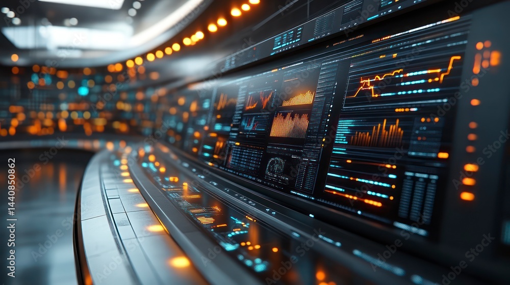 Futuristic Control Room with Advanced Data Displays and Illuminated Panels