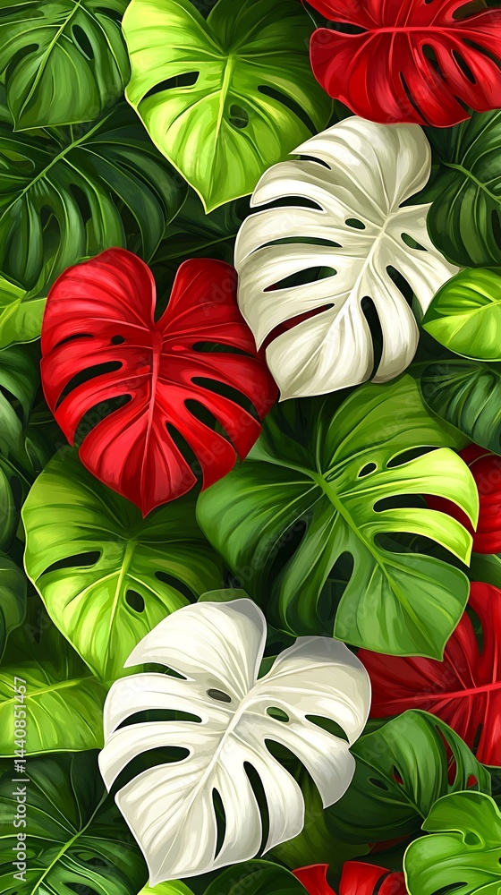 Fototapeta premium Lush, vibrant Monstera leaves in shades of green, red, and white, creating a tropical pattern