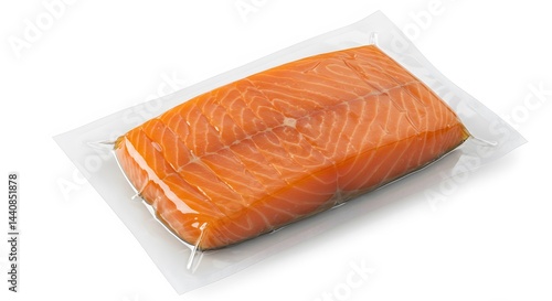 Fresh Salmon Fillet: A vibrant, fresh salmon fillet sealed in transparent packaging, ready for culinary use. showcasing its texture and color.