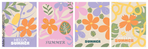 Creative concept spring to summer greeting cards set leaves,  flowers. Unique and minimalist style celebration template poster, banner, covers, advertising, branding, labels print collection.