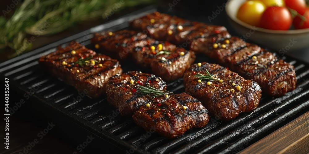 Grilled steak on a barbecue with herbs and vegetables garnishing the dish Grilled steak on a barbecue with herbs and vegetables garnishing the dish
