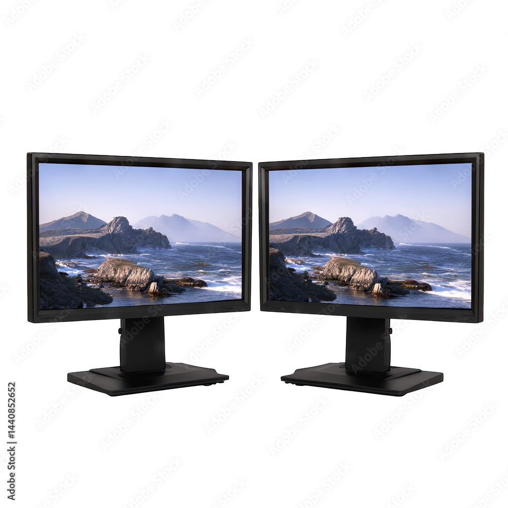 Fototapeta premium Dual monitor setup for gaming and work with ocean view stock photo for graphic designers and editors
