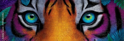 Majestic Bengal Tiger Portrait in Neon Jungle - Vibrant tiger eyes, symbolic of power, beauty, nature, wildness, and mystery. A stunning close-up showcasing its intense gaze