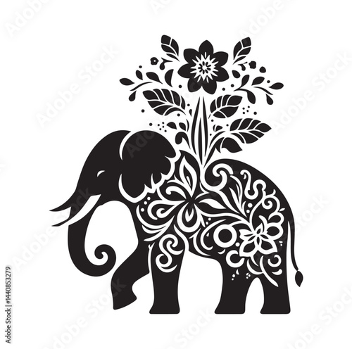 Elephant floral ornament decoration silhouette vector illustration