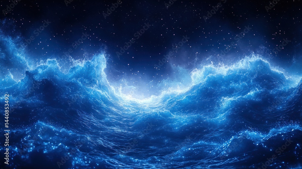 Obraz premium Celestial Ocean: A Nighttime Seascape of Luminescent Waves Under a Starry Sky