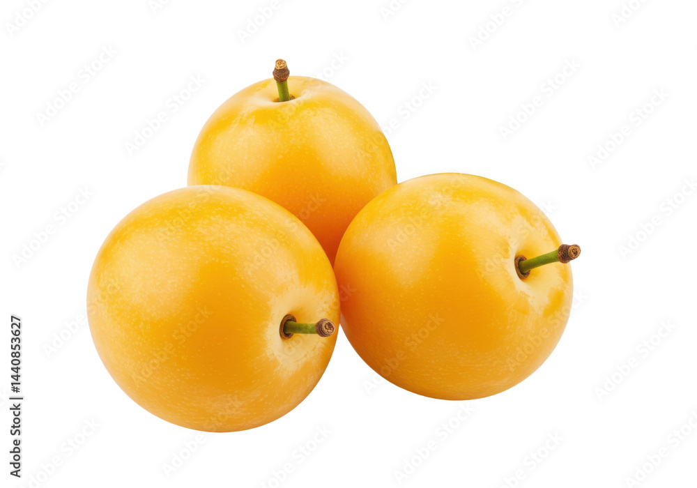 Three ripe yellow plums close up isolated on transparent background Three ripe yellow plums close up isolated on transparent background
