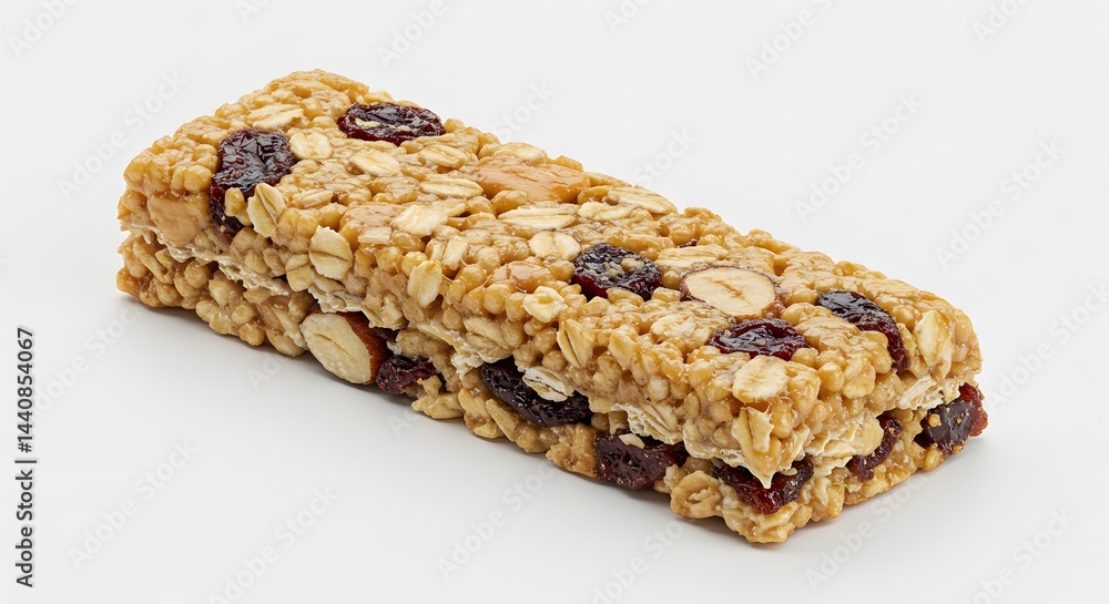Granola bar: A close-up shot of a granola bar, showcasing its mix of oats, dried fruit, and nuts, representing a wholesome snack and natural energy. Granola bar: A close-up shot of a granola bar, showcasing its mix of oats, dried fruit, and nuts, representing a wholesome snack and natural energy.