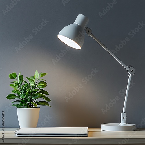 Minimalist workspace with a modern lamp illuminating a plant and notebook on a desk