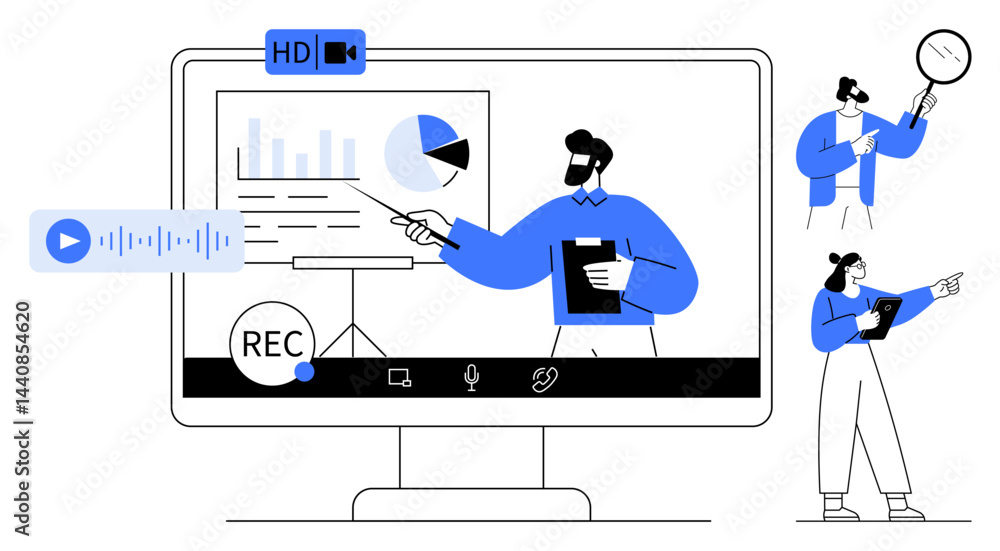 Presenter explains charts on screen during virtual meeting, with recording, audio, and HD video tools. Ideal for technology, remote work, education, tutorials, analytics business meetings simple Presenter explains charts on screen during virtual meeting, with recording, audio, and HD video tools. Ideal for technology, remote work, education, tutorials, analytics business meetings simple