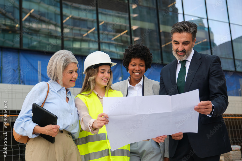 Diverse team of professionals examining blueprints on a construction site, demonstrating teamwork and expertise in architectural design and engineering