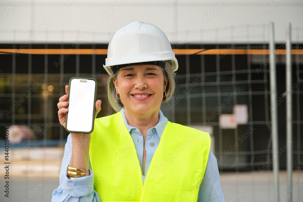 Smiling female engineer wearing safety helmet and vest showing smartphone with blank white screen at construction site