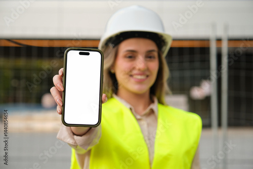 Architect showing smartphone with blank white screen in front of construction site