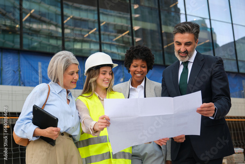 Obraz na płótnie Diverse team of professionals examining blueprints on a construction site, demonstrating teamwork and expertise in architectural design and engineering w salonie