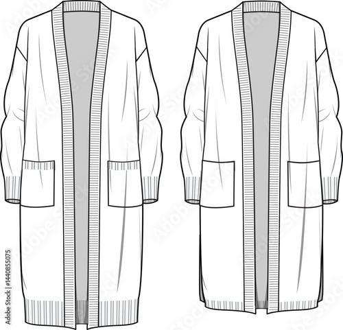 Women's Pocket Detail Long Line Cardigan. Technical fashion illustration. Front, white colour. Women's CAD mock-up.