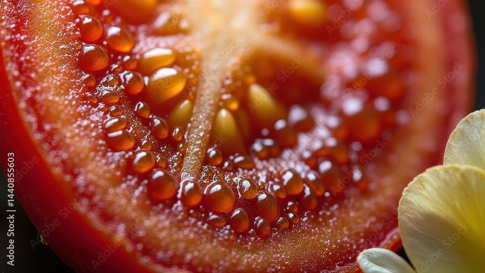 Close-up of fresh juicy tomato slice with seeds and petals in natural light Close-up of fresh juicy tomato slice with seeds and petals in natural light