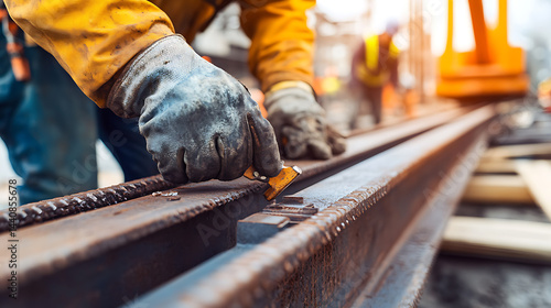 Construction Worker Using Chisel on Steel Beam