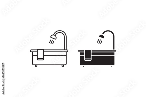Bathtub Icon with Shower and Towel for Bathroom Design Vector
