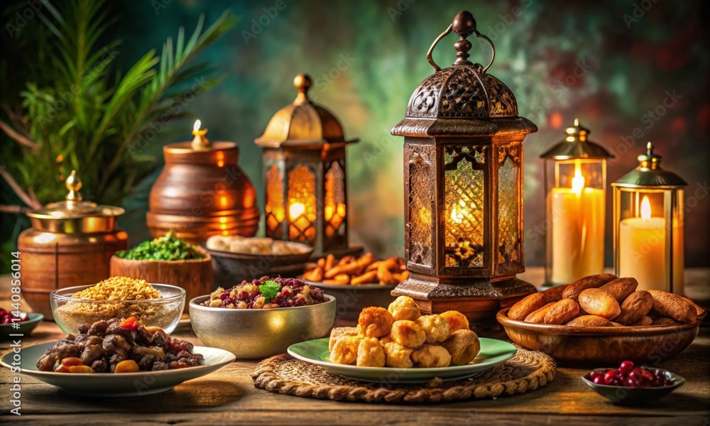 Naklejka premium Ramadan iftar table setup with traditional food and lanterns, festive mood