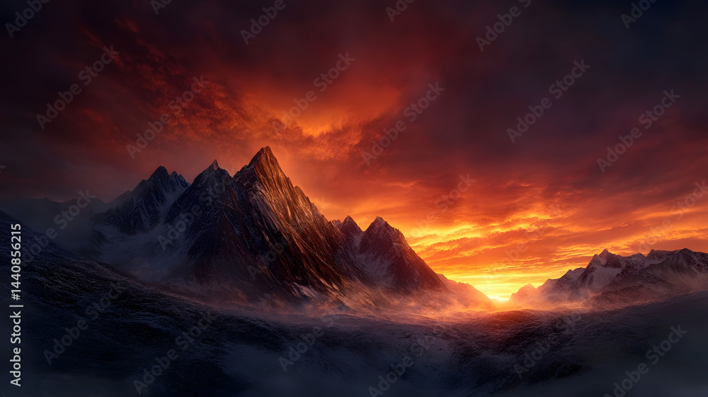 Naklejka premium A dramatic winter scene with towering mountain peaks, covered in a thick blanket of snow, standing tall against a vibrant orange and pink sunset sky.