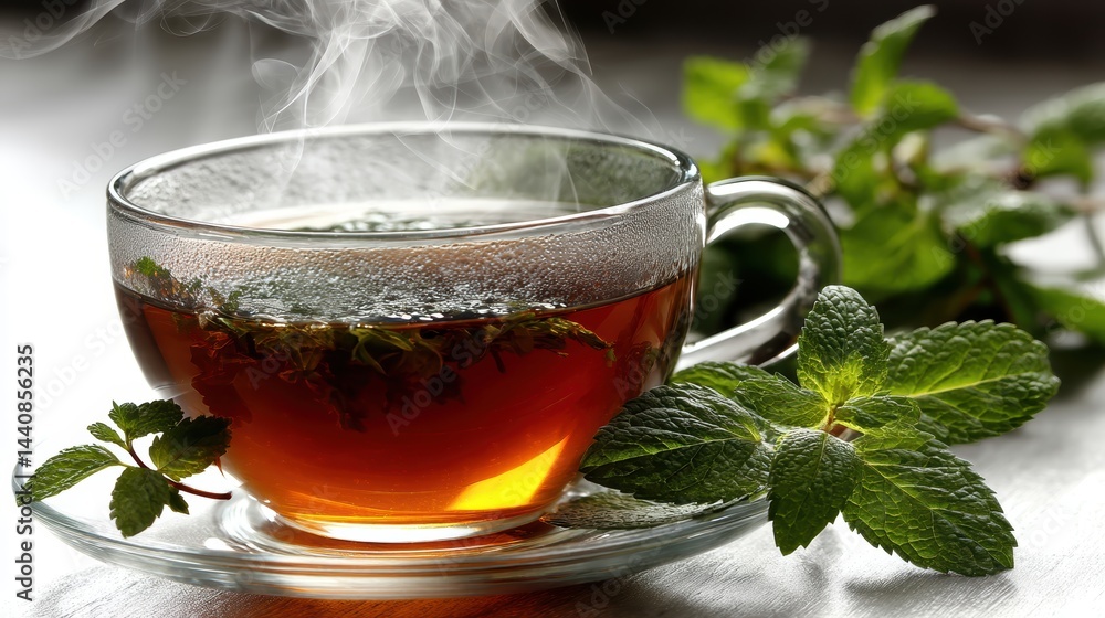a steaming cup of herbal tea with a fresh sprig of mint on a white isolated background, soothing and aromatic design a steaming cup of herbal tea with a fresh sprig of mint on a white isolated background, soothing and aromatic design