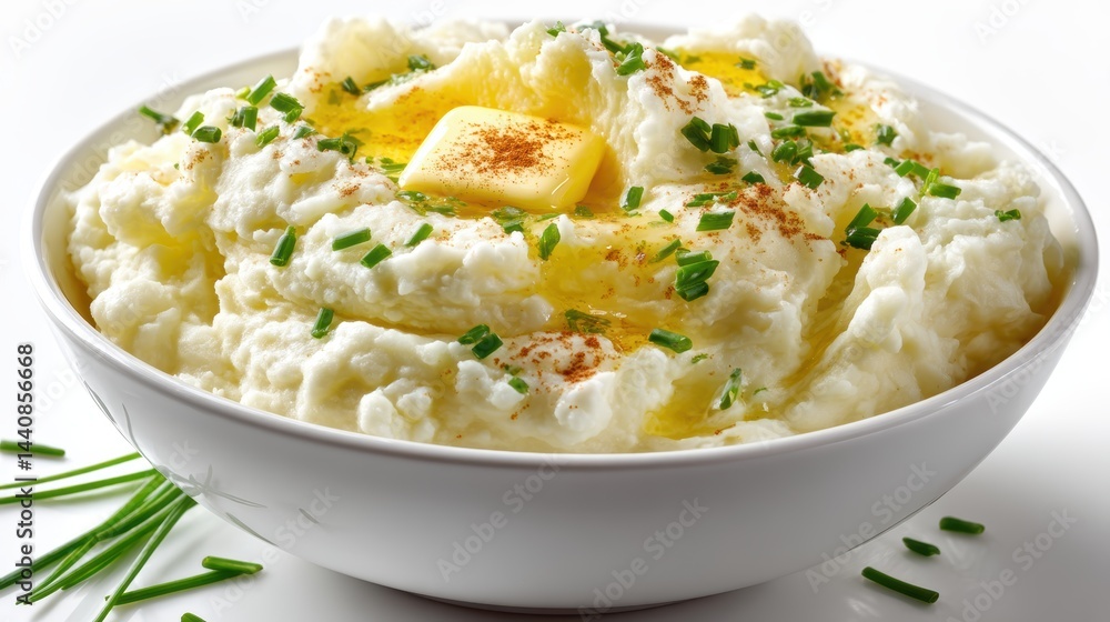 a bowl of creamy mashed potatoes with a dollop of butter and a sprinkle of chives on a white isolated background, comforting and savory design a bowl of creamy mashed potatoes with a dollop of butter and a sprinkle of chives on a white isolated background, comforting and savory design