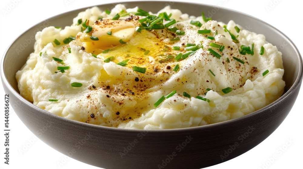 a bowl of creamy mashed potatoes with a dollop of butter and a sprinkle of chives on a white isolated background, comforting and savory design a bowl of creamy mashed potatoes with a dollop of butter and a sprinkle of chives on a white isolated background, comforting and savory design