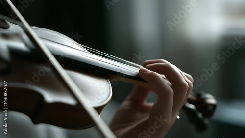 Close-up of a violin string being plucked in dim light