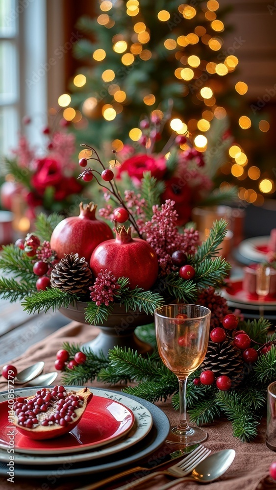 Festive christmas table setting with red pomegranates and elegant decorations