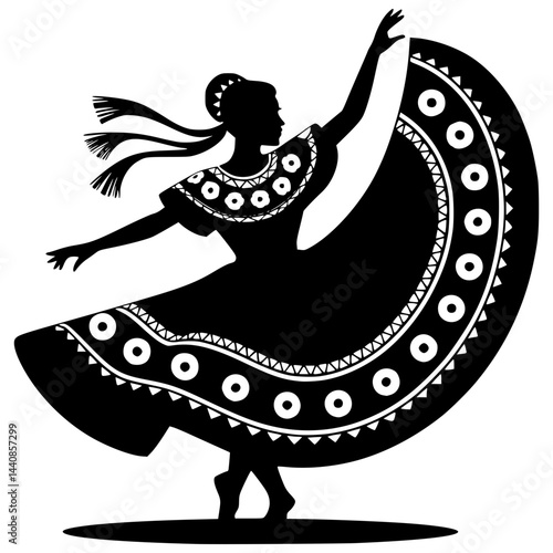 Silhouette of a traditional Mexican dancer twirling a flowing skirt (folklórico style), vibrant dynamic pose, and solid black shapes on a white background - Cinco de Mayo concept