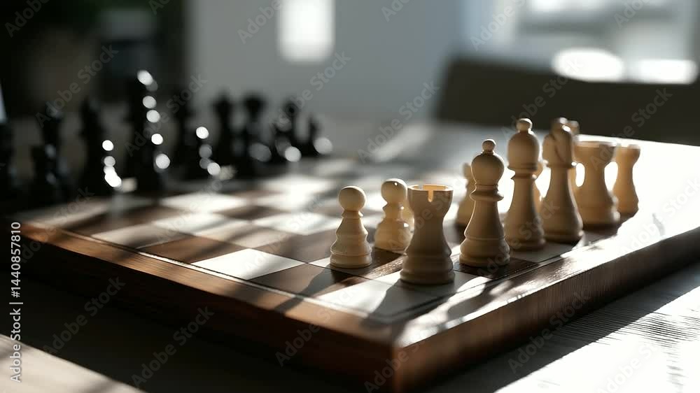 Close-Up of Chess Board Mid-Game with Dramatic Shadows
