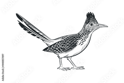 Greater Roadrunner Bird Vector Illustration With Intricate Feather Details In Black And White Artwork For Wildlife Designs