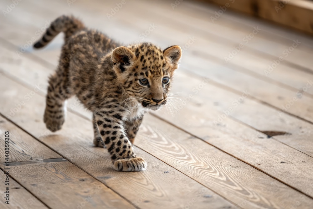 Obraz premium Baby Leopard Explores Wooden Floor With Curiosity and Grace Generative AI