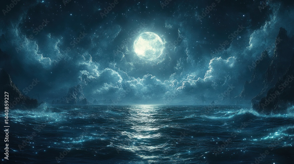 Fototapeta premium Enchanted Ocean Under a Full Moon: A Nighttime Seascape