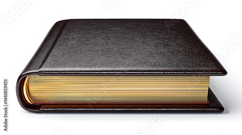Dark leather-bound book, golden pages, isolated
