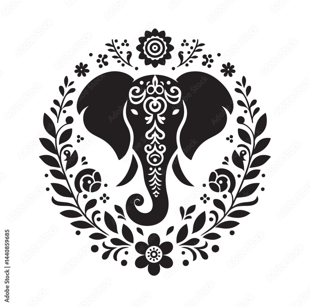 Naklejka premium Elephant floral ornament decoration silhouette vector illustration 