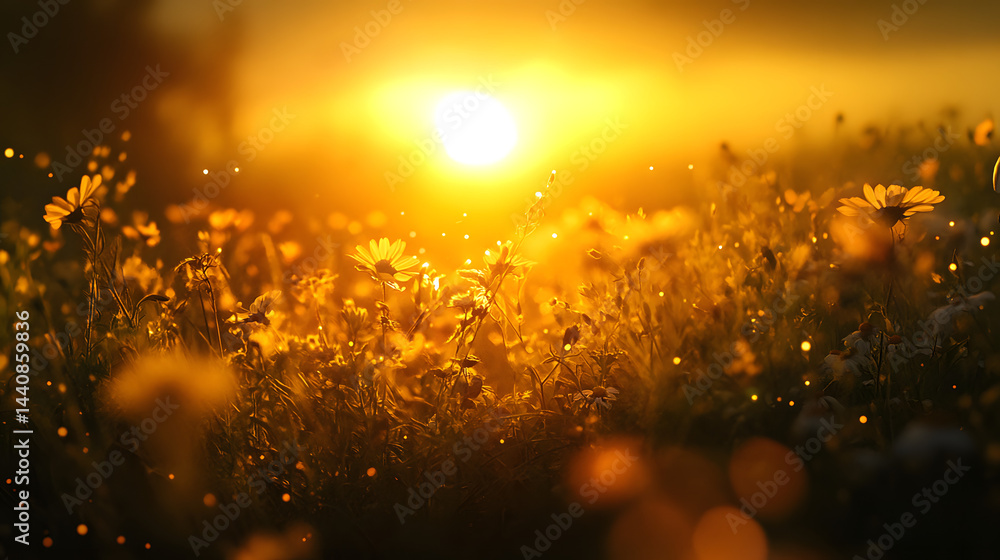 A dreamy wildflower field glowing softly in the light of the setting sun. A dreamy wildflower field glowing softly in the light of the setting sun.