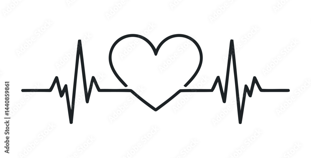 Heartbeat Pulse Line With Heart Symbol Design For Medical Healthcare Awareness Or Cardiology Concept Isolated On White Heartbeat Pulse Line With Heart Symbol Design For Medical Healthcare Awareness Or Cardiology Concept Isolated On White