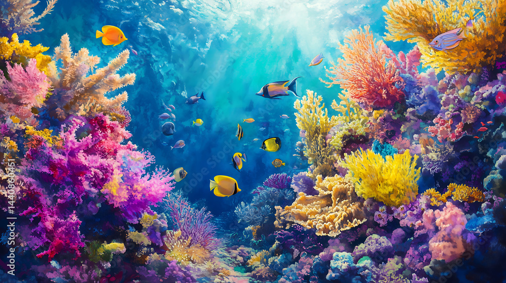 Fototapeta premium Colorful Underwater Coral Reef, Vibrant Marine Life Scene