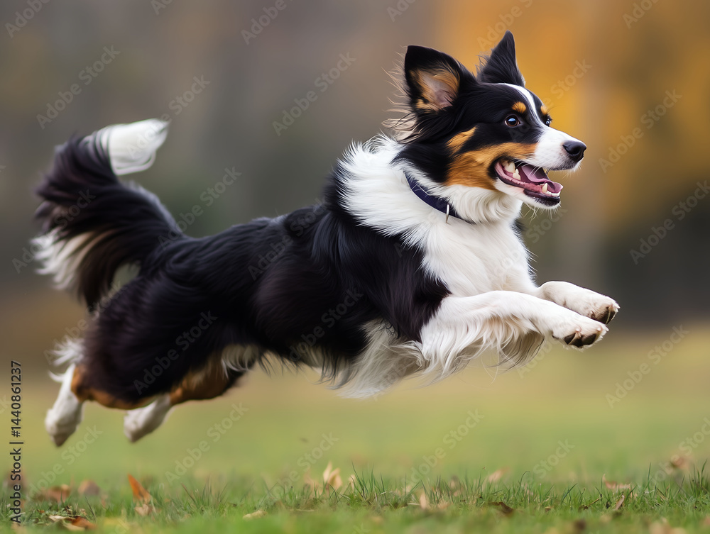 Energetic Border Collie in Mid-Leap, Jumping Dog in Autumn Field Energetic Border Collie in Mid-Leap, Jumping Dog in Autumn Field