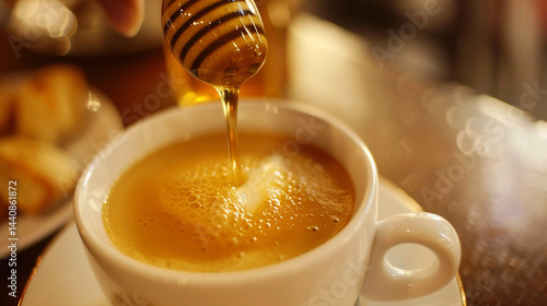Honey being drizzled into coffee at cozy breakfast table.