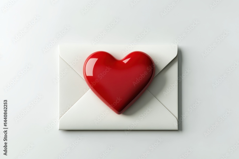 Valentine's Day: 3D Red Heart on a White Envelope Valentine's Day: 3D Red Heart on a White Envelope
