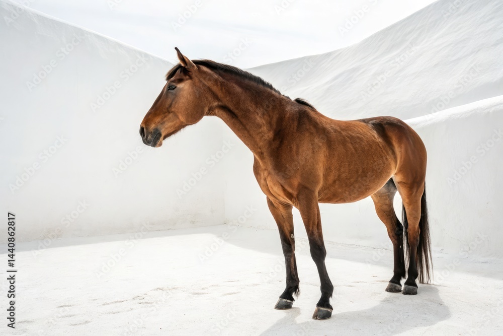 Brown Horse Standing Gracefully on a White Floor Generative AI Brown Horse Standing Gracefully on a White Floor Generative AI