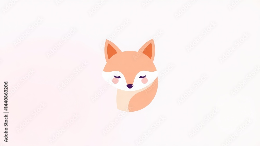 Fototapeta premium A cartoon fox with closed eyes and pink cheeks on a light background in a minimalist style art work