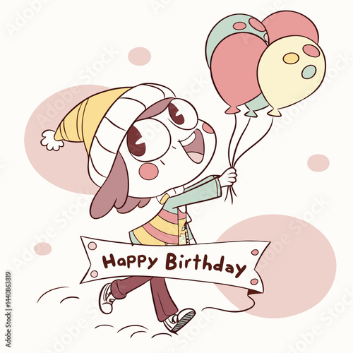 Cute Character Holding Balloons with Happy Birthday Banner