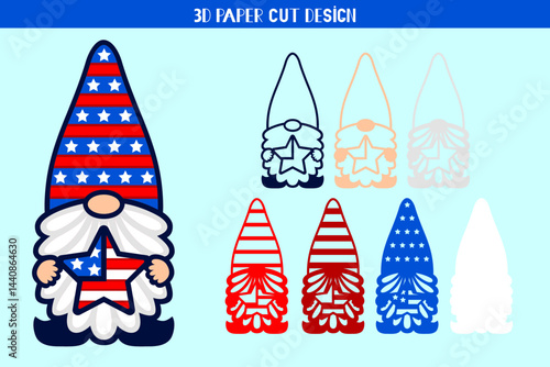 3D Patriotic gnome with star. Independence Day in the USA. Cartoon vector illustration. Cute character. Layered gnome paper or laser cut template.