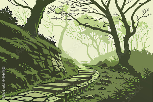 72 misty landscape, ancient stone steps, overgrown vegetation, foggy atmosphere, moss-covered rocks, winding path, ethereal scenery, lush greenery, mystical ambiance, weathered stonework, cliff edge, 
