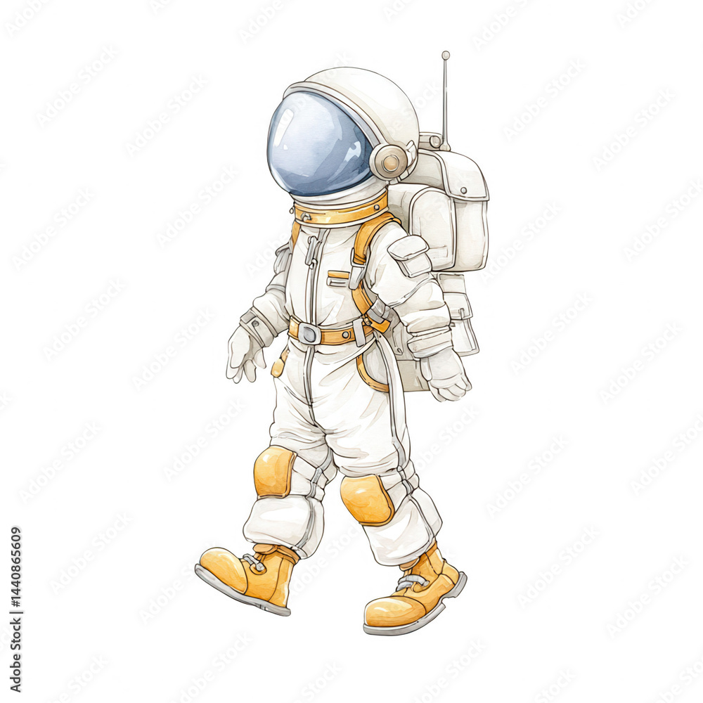 Naklejka premium A cheerful cartoon astronaut confidently walks forward on a white background.